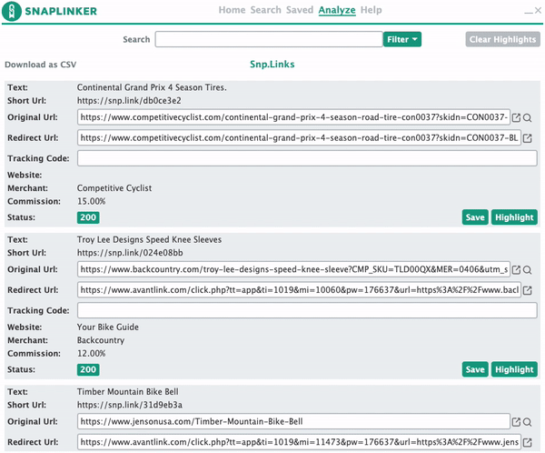 SnapLinker user interface download links as csv