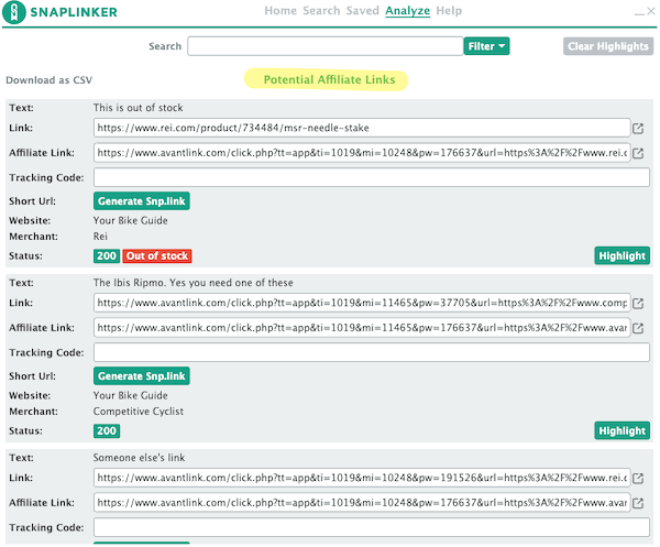 New SnapLinker user interface demonstrating find and generate affiliate links functionality